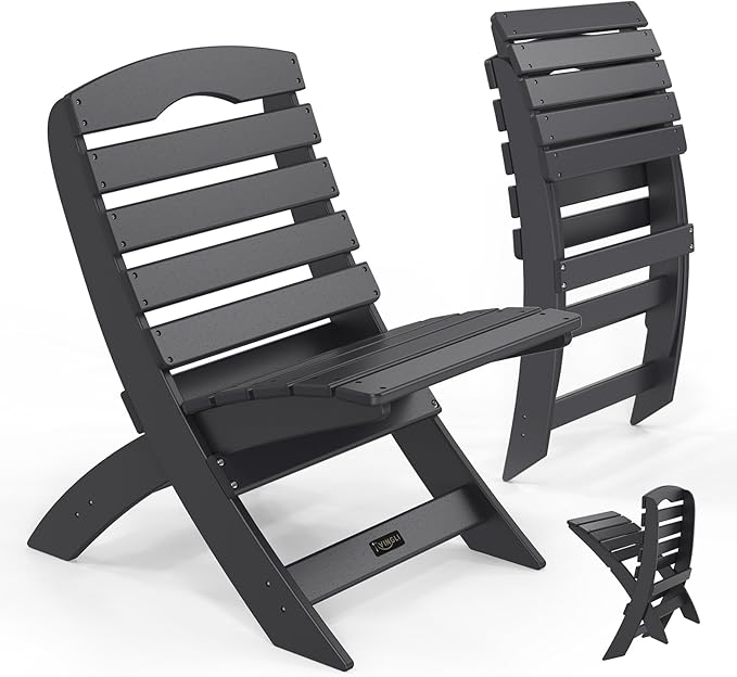 VINGLI Portable Adirondack Chairs Set of 2, Folding Plastic Adirondack Chair for All Weathers, Outdoor Fire Pit Chairs for Patio Poolside Porch Beach, Capacity 350 LBS, Black
