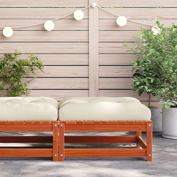 Solid Pine Wood Outdoor Patio Footstool with Removable Cushion, Wax Brown and Cream Color, 27.6 Inches - Photo 4