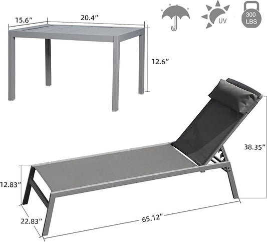 Domi Patio Chaise Lounge Set, Aluminum Pool Lounge Chairs with 5 Adjustable Position, Breathable Textilene Fabric, Sunbathing Pool Chairs with Headrest and Side Table, Grey