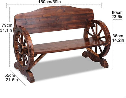 Outdoor Garden Bench, Wooden Wagon Wheel Bench Loveseat Chair Patio Furniture for Garden, Backyard, Porch, Park, Yard(150 * 55 * 79CM)