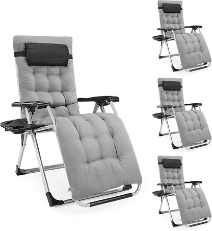 DUMOS Set of 4 Zero Gravity Chair, Reclining Camping Lounge Chair for Outdoor, Reclining Patio Chairs with Cup Holder Trays and Removable Cushion, Folding Recliner for Indoor, Grey