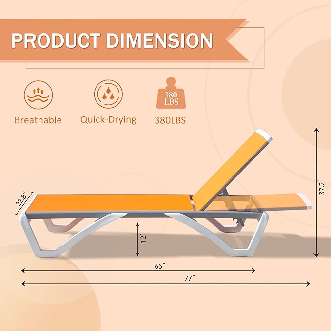 Domi Outdoor Lounge Chairs Set of 4, Aluminum Lounge Chairs for Outside with 5 Position Adjustable Backrest, Outdoor Chaise Lounge for Beach, Yard, Balcony, Poolside, Orange