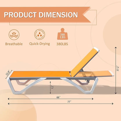 Domi Outdoor Lounge Chairs Set of 4, Aluminum Lounge Chairs for Outside with 5 Position Adjustable Backrest, Outdoor Chaise Lounge for Beach, Yard, Balcony, Poolside, Orange
