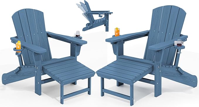 KINGYES Folding Adjustable Adirondack Chairs with Ottoman & 2 Cup Holders Set of 2, HDPE Adirondack Recliner Chair with Footrest, Blue