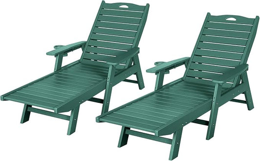 nalone Chaise Lounge Set of 2 Outdoor with 5-Position Adjustable Backrest, HDPE Lounge Chair for Outside Supports Up to 400 LBS, Pool Lounge Chairs for Patio Poolside Deck Beach Backyard (Green)