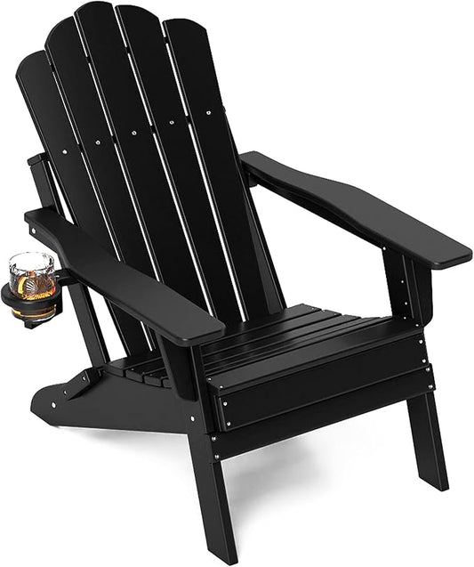 FOOWIN Adirondack Chair, Folding HDPE Patio Chair with Cup Holder, 400LBS Heavy Duty Plastic Outdoor Chair for Fire Pit, Porch, Balcony, Deck, Weather Resistant, Black