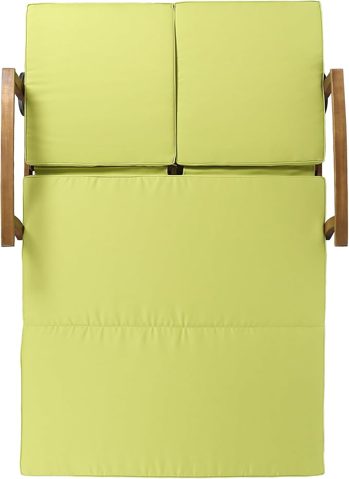 Christopher Knight Home Double Chaise Lounge Outdoor Patio Daybed with Adjustable Backrests, Acacia Wood Frame in Teak Finish, Water Resistant Green Cushions for Poolside Porch Deck