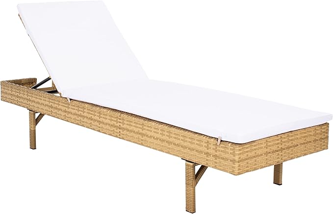 SAFAVIEH Outdoor Collection Cam Natural Brown Wicker/White Cushion Adjustable Chaise Lounge Chair, Black/Beige (PAT7501D)