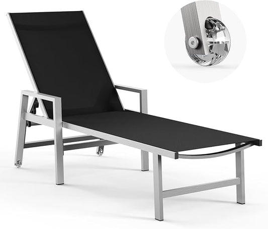 Patio Chaise Lounge Chair Outdoor with Wheels&Armrests, Aluminum Pool Lounge Chairs 5-Position Adjustable Recliner, Outdoor Beach Lounge Chairs for Poolside, Patio, Deck, Yard, Black