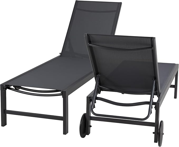 QAQA 2 PCS Outdoor Chaise Lounge with Wheels, Aluminum Patio Lounge Chair with 5 Adjustable Positions for Poolside - Photo 7