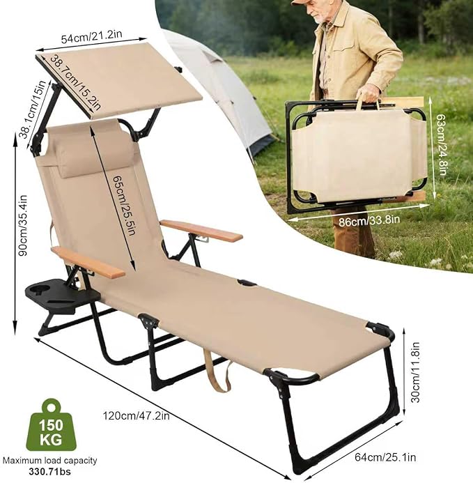 Folding Lounge Chairs for Outside, Beach Patio Lounge Chair with Canopy, Sunbathing/Tanning Chair with 4 Adjustable Backrest & Cup & Pillow,Holds 330 Lb, Outdoor Garden Pool