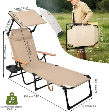 Folding Lounge Chairs for Outside, Beach Patio Lounge Chair with Canopy, Sunbathing/Tanning Chair with 4 Adjustable Backrest & Cup & Pillow,Holds 330 Lb, Outdoor Garden Pool
