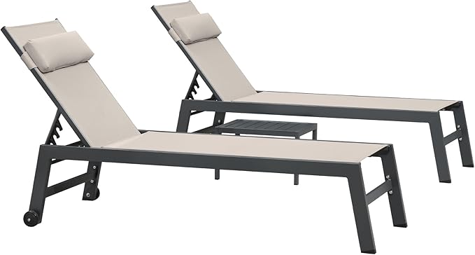 PURPLE LEAF Outdoor Lounge Chair Set of 3 Patio Chaise Pool Lounger Aluminum Frame with Side Table and Wheels for - Photo 9