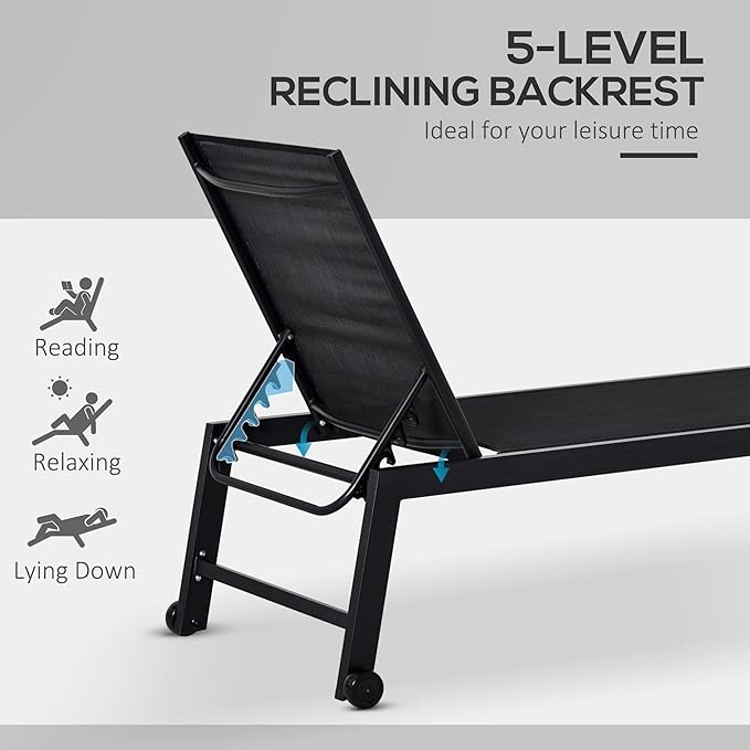 Outsunny Outdoor Chaise Lounge with Wheels, Five Position Recliner for Sunbathing, Suntanning, Steel Frame, Breathable Fabric for Beach, Yard, Patio, Black