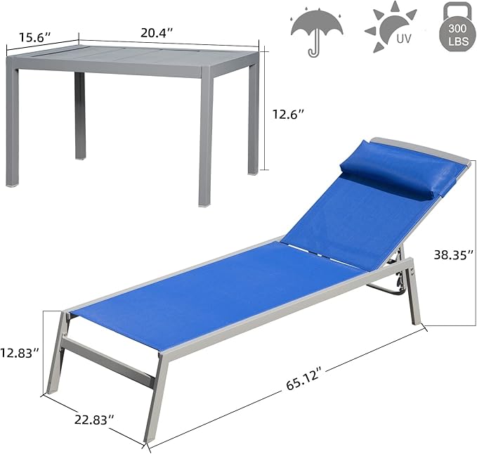 Domi Patio Chaise Lounge Set, Aluminum Pool Lounge Chairs with 5 Adjustable Position, Breathable Textilene Fabric - Photo 2