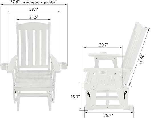 Fortune Candy Wooden Patio Glider for One Person, with High Back and Deep Contoured Seat, Solid Fir Wood, Heavy Duty 600 LBS, Snow White, 1-Seater