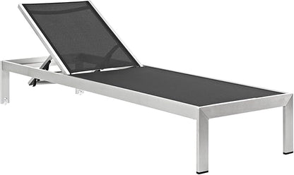 Pemberly Row Modern Aluminum Outdoor Chaise Lounge, 76 x 25 x 19-36 in, Mesh and PVC-Coated Polyester, Black/Silver Finish, Adjustable Recliner with Wheels, Breathable Patio Sun Lounger for Relaxation