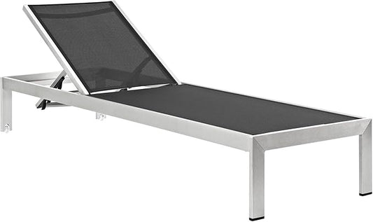 Pemberly Row Modern Aluminum Outdoor Chaise Lounge, 76 x 25 x 19-36 in, Mesh and PVC-Coated Polyester, Black/Silver Finish, Adjustable Recliner with Wheels, Breathable Patio Sun Lounger for Relaxation