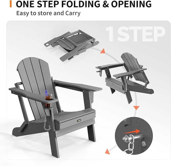 VINGLI Plastic Adirondack Chairs, Folding with Cup Holder, Waterproof HDPE Material - Photo 6