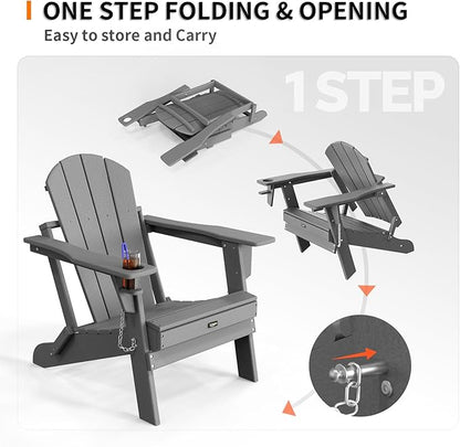 VINGLI Plastic Adirondack Chairs Set of 4, Folding with Cup Holder, Waterproof HDPE Material, Comfortable 383lb Weight Capacity for Outdoor Pool Patio Lounge Chair Lawn Furniture Firepit (Gray)