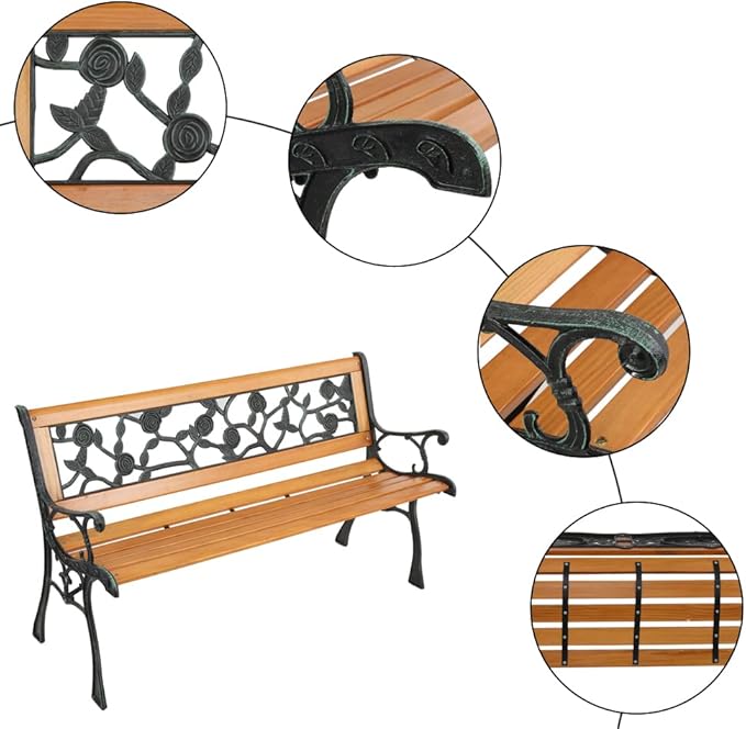 49 inch Outdoor Patio Garden Bench, Metal Park Bench, Cast Iron Bench and Hardwood Weather Resistant Rose Design 330lbs Capacity for Porch, Deck, Patio Seat Bronze Natural Finish