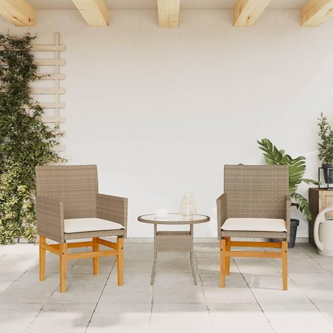 Patio Chairs with Cushions 2 pcs Beige Poly Rattan&Solid Wood Sillas para Patio Lawn Chairs for Dining Table Garden - Photo 4