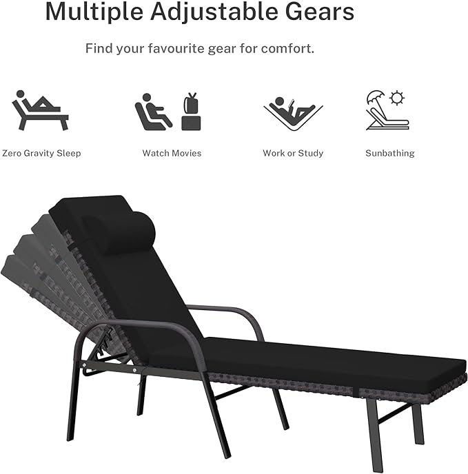 Patio Chaise Lounge Set 3 Pieces Pool Lounge Chairs,Cushioned Outdoor Folding Lounge Chair w/Arm and Rattan Adjustable Backrest for Poolside Porch,Folding Table Included,Black