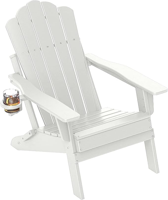 FOOWIN Adirondack Chair, Folding HDPE Patio Chair with Cup Holder, 400LBS Heavy Duty Plastic Outdoor Chair for Fire Pit, Porch, Balcony, Deck, Weather Resistant,White