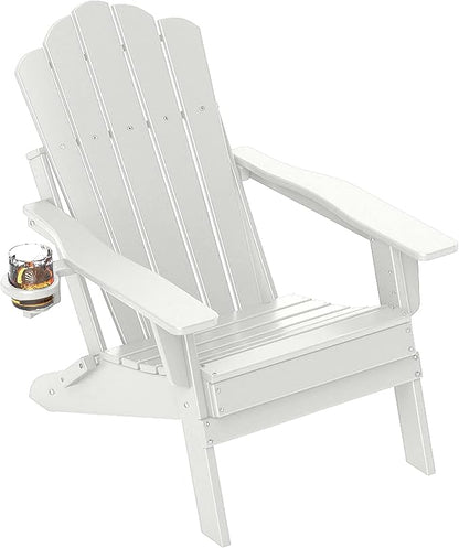 FOOWIN Adirondack Chair, Folding HDPE Patio Chair with Cup Holder, 400LBS Heavy Duty Plastic Outdoor Chair for Fire Pit, Porch, Balcony, Deck, Weather Resistant,White