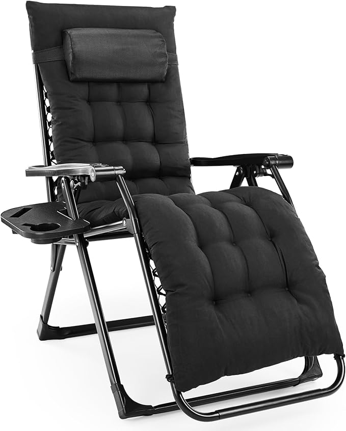 DUMOS Zero Gravity Chair, Reclining Camping Lounge Chair for Outdoor, Reclining Patio Chairs with Cup Holder Trays and Removable Cushion, Folding Recliner for Indoor, Black