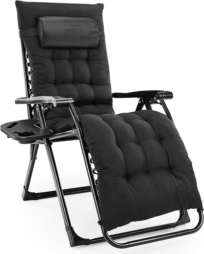 DUMOS Zero Gravity Chair, Reclining Camping Lounge Chair for Outdoor, Reclining Patio Chairs with Cup Holder Trays and Removable Cushion, Folding Recliner for Indoor, Black