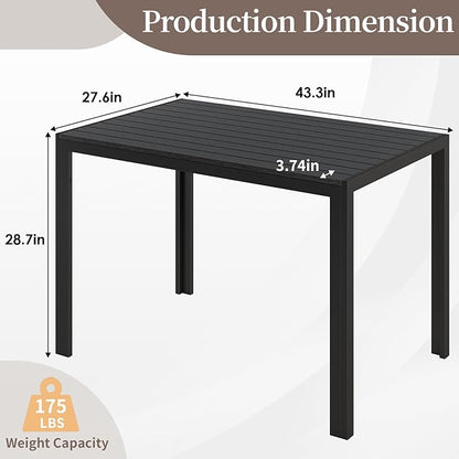 LIFERUN Outdoor Patio Table for 4-6 Person, 43×28in Rectangle Outdoor Dining Table with Wooden-Like Top and Aluminum Frame, Heat and Weather Resistant, Ideal for Garden, Patio, Poolside, Porch, Black