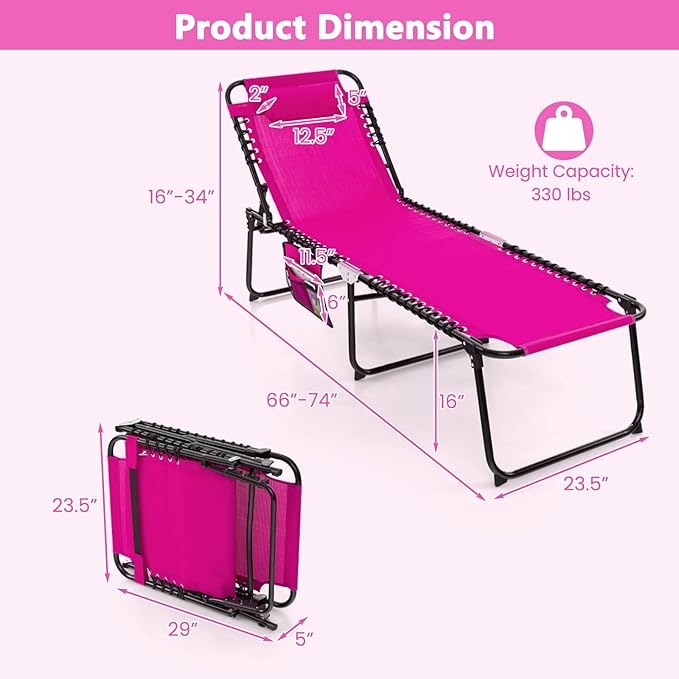 Giantex Patio Lounge Chairs for Outside - Set of 2 Folding Tanning Chair w/Headrest, 4 Adjustable Positions, Side Pocket, Outdoor Chaise Lounge for Camping, Pool, Sunbathing Beach Chair, Pink