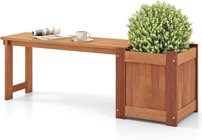 Outdoor Bench with Planter Box 54" Solid Wood Garden Bench and Flower Planter Combo 2-in-1 Seating and Planting Station for Front Porch Patio Deck Natural Finish