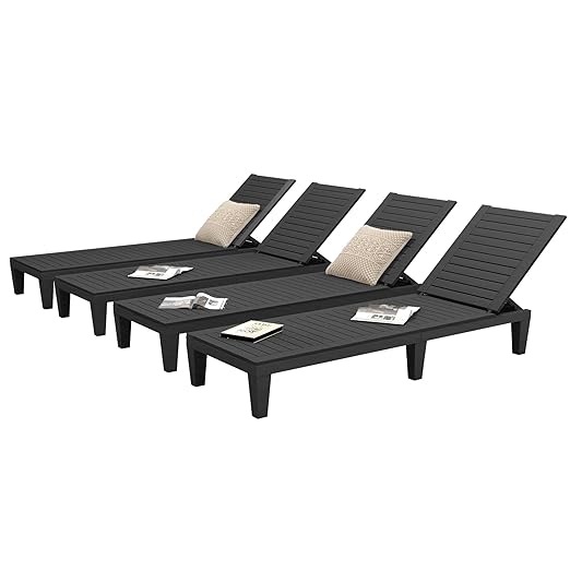 DWVO Outdoor Chaise Lounge, Pool Lounge Chair Set of 4 w/ 5-Level Backrest, Waterproof & Easy Assembly Patio Lounge Chair for Garden, Pool, and Beach (Black)