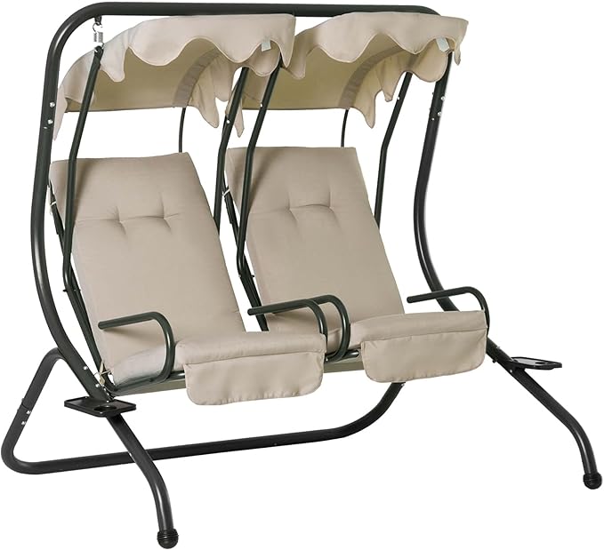 Outsunny Patio Swing Chair with 2 Separate Seats, Outdoor Swing Glider with Removable Canopy and Cup Holders, for Porch - Photo 1