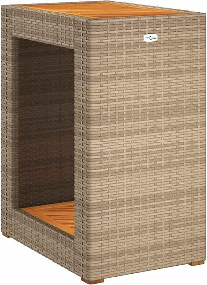 vidaXL Patio Side Table - Beige 23.6"x15.7"x29.5" - Durable Poly Rattan & Acacia Wood Top - Outdoor/Garden/Backyard Furniture