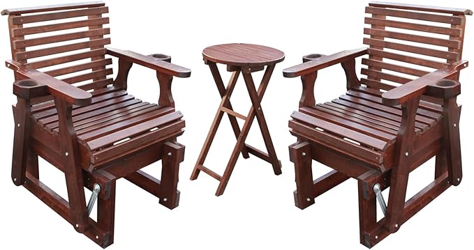 Outdoor Glider Chair,2-Seater Wooden Glider Patio Furniture Set with Table, Cupholder, High Back and Deep Contoured Seater, for Porch, Patio and Balcony, Dark Brown