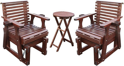 Outdoor Glider Chair,2-Seater Wooden Glider Patio Furniture Set with Table, Cupholder, High Back and Deep Contoured Seater, for Porch, Patio and Balcony, Dark Brown