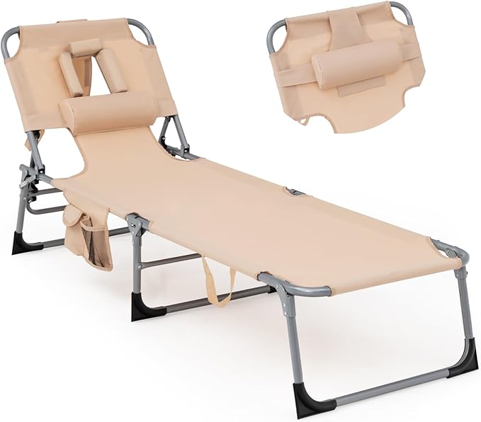 Goplus Tanning Chair with Face Hole, Foldable Adjustable Beach Chaise Lounger w/Arm Hole - Photo 1