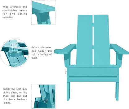 Modern Folding Adirondack Chair, All-Weather HIPS Plastic Outdoor Lounge with Cup Holder, Stackable Resin Patio Chair for Fire Pit, Garden, Deck & Backyard Seating (Teal Blue)