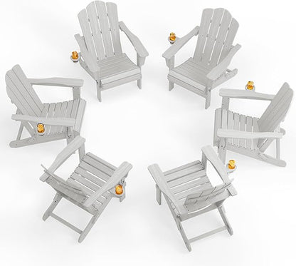 KINGYES Folding Adirondack Chair Set of 6, HDPE All-Weather Patio Chairs with Cup Holder, Wooden Textured Fire Pit Chairs for Poolside, Backyard, Deck, Silver Grey
