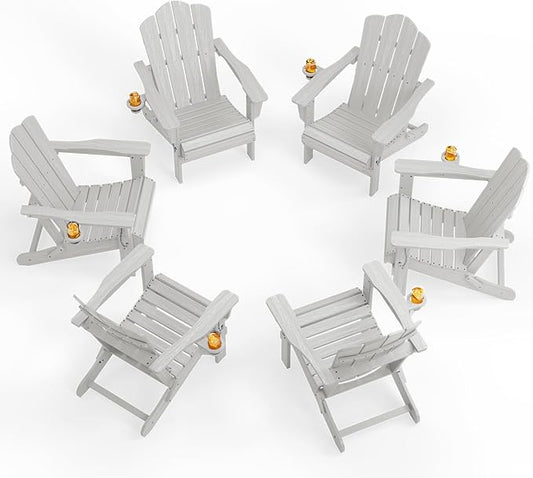 KINGYES Folding Adirondack Chair Set of 6, HDPE All-Weather Patio Chairs with Cup Holder, Wooden Textured Fire Pit Chairs for Poolside, Backyard, Deck, Silver Grey