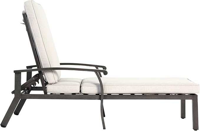 Beige Aluminium Cast Chaise Lounge Chair Outdoor, Patio Chaise Lounge Chair with Cushion, Tanning Lounges, with Level Adjustable Recliner for Poolside, Patio, Deck, Yard