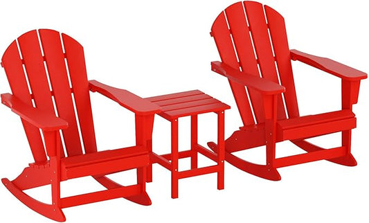 WO WESTIN OUTDOOR HDPE Laguna Outdoor Rocking Poly Adirondack Chair with Side Table 3-Piece Set, Red