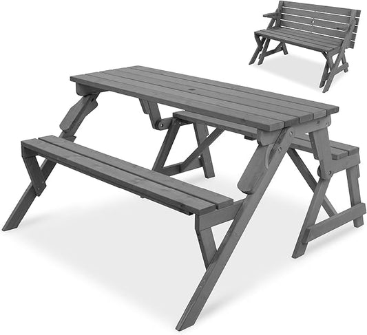 Best Choice Products 2-in-1 Transforming Interchangeable Outdoor Wooden Picnic Table Garden Bench for Backyard, Porch, Patio, Deck w/Umbrella Hole - Gray