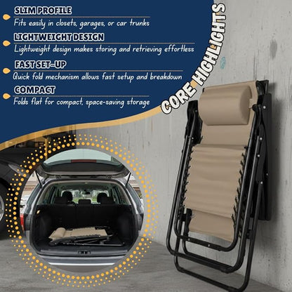 EZONE Zero Gravity Lounge Chairs Outdoor Adjustable Reclining Patio Chair Steel Mesh Folding Recliner for Pool Beach Camping Lounge Chair with Pillows and Cup Tray (2, Beige)