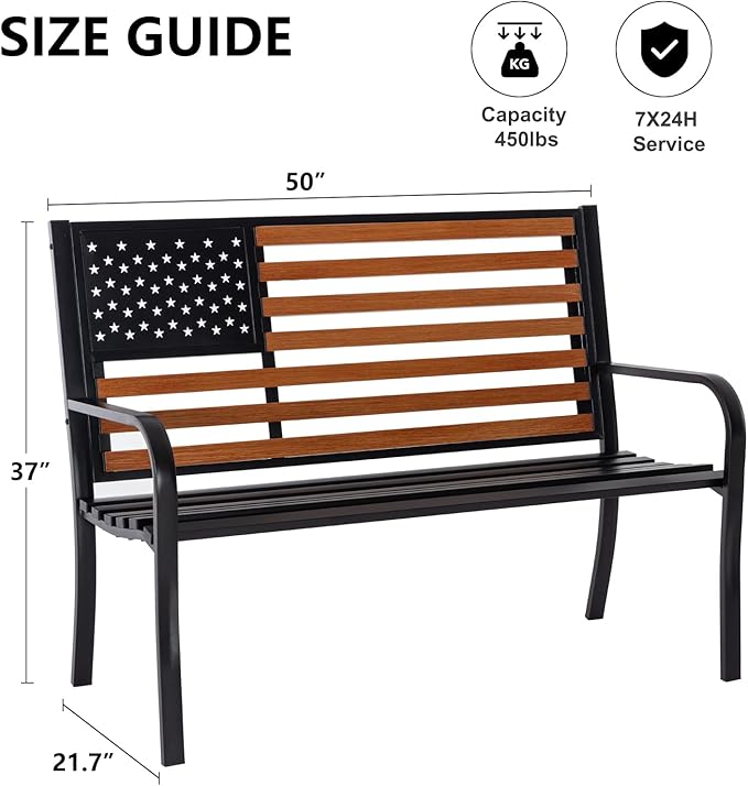 𝐀𝐭𝐭𝐥𝐢𝐚𝐬𝐚𝐥𝐨𝐧 50” Outdoor Bench Garden Bench with American Flag Style, Sturdy Cast Iron Metal Frame Patio Park Bench for Porch Yard Lawn Deck Park