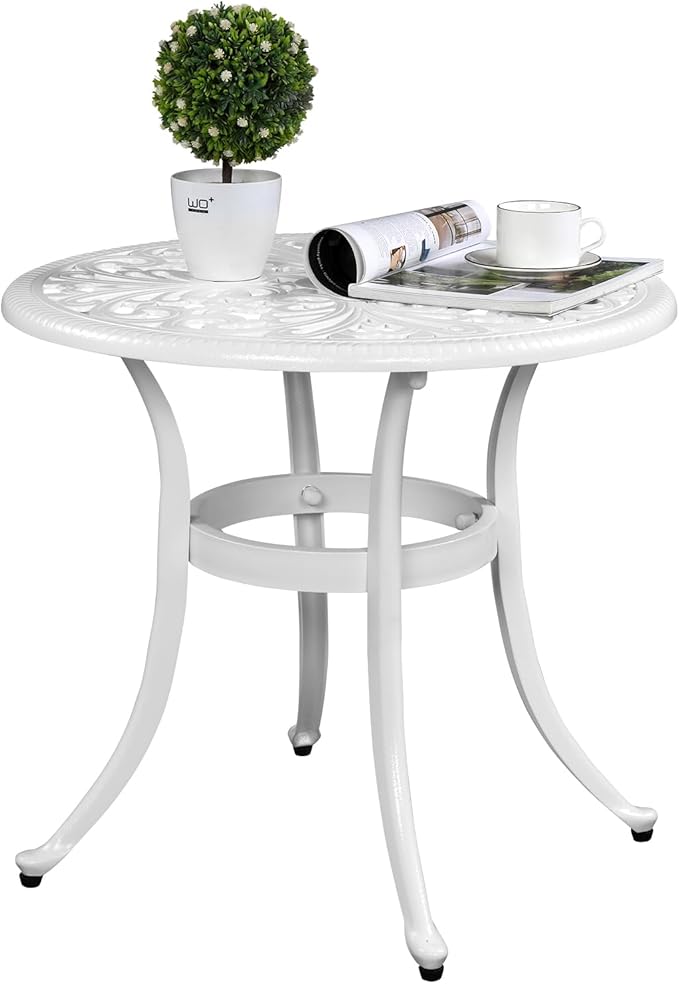 Cast Aluminum Round Table with 2 inch Umbrella Hole, Outdoor Patio End Side Table, Cocktail Coffee Bistro Table Weather Resistance, Adjustable Foot Pads for Garden, Porch, Balcony White