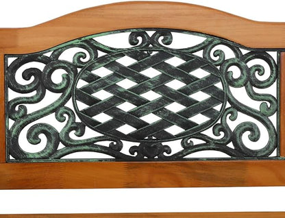 49 inch Outdoor Patio Garden Bench, Metal Park Bench, Cast Iron Bench and Hardwood Weather Resistant Slats Design 30lbs Capacity for Porch, Deck, Patio Seat Bronze Natural Finish